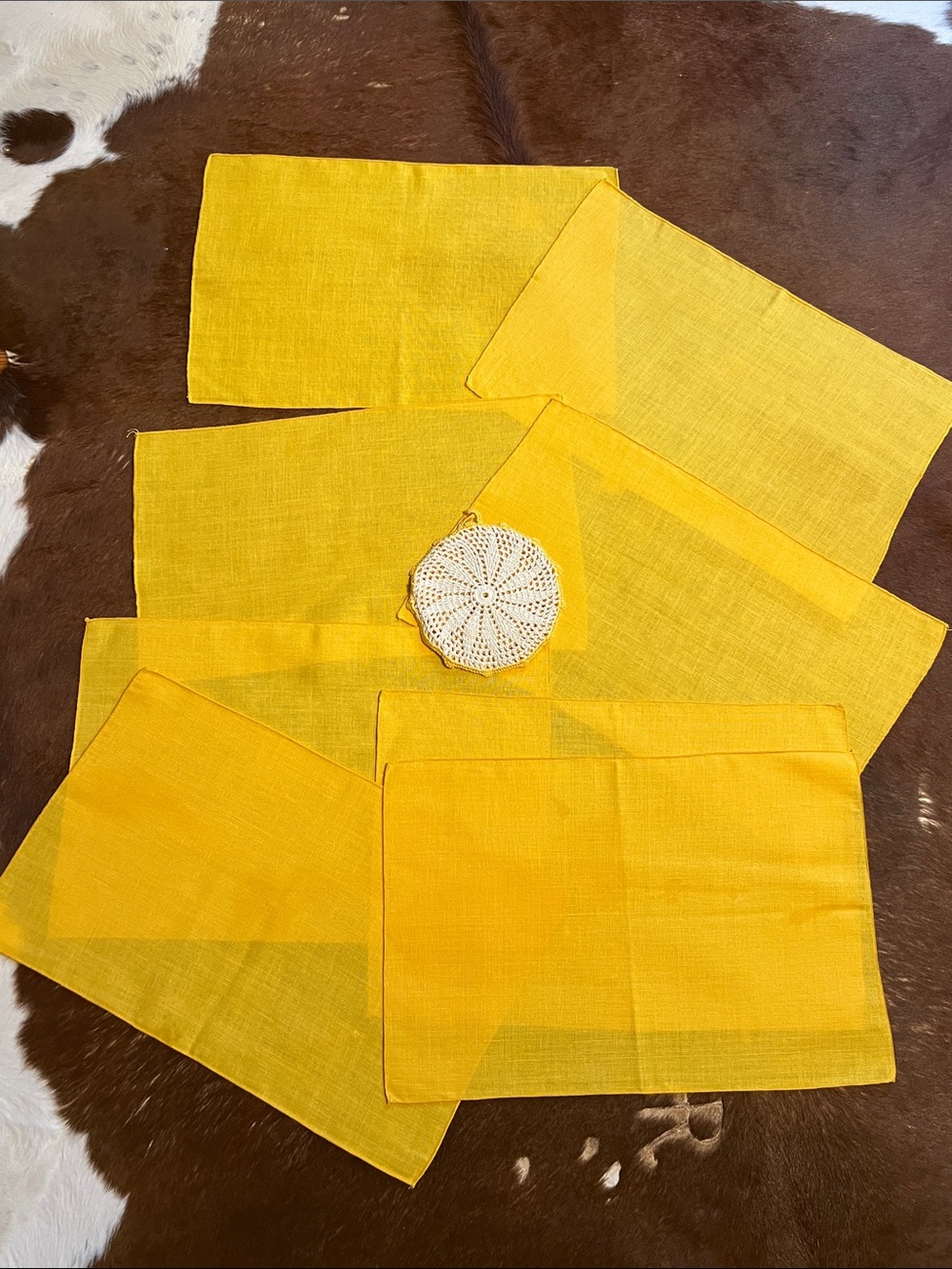 Set of 8 Yellow Linen Placemats and crochet pot holder